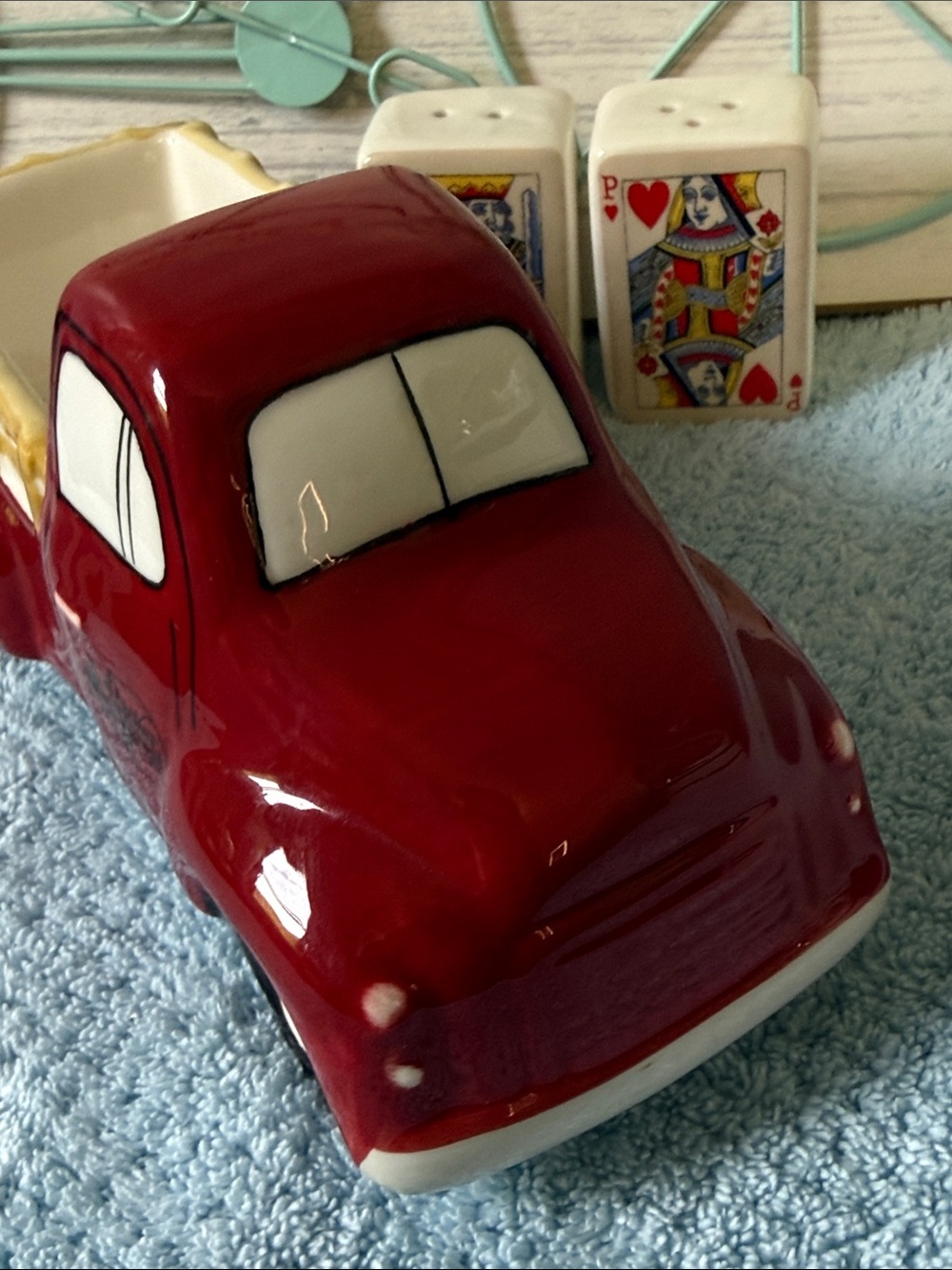 Ceramic Red Vintage Truck and Mini Salt and Pepper Poker Playing cards.